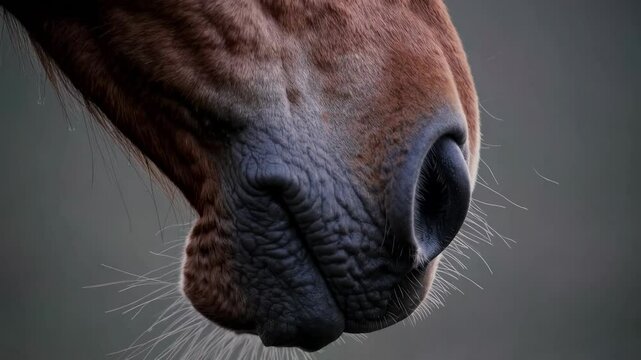 Brown horse nostril closely sniffing surrounding environment, revealing delicate sensory details and natural curiosity with soft whiskers and nuanced textural elements