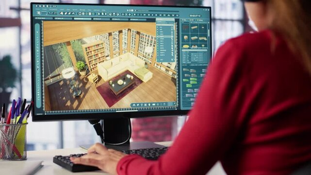 Female employee creates 3D render of an apartment interior using blueprints and architectural software. Employs computer aided tools and models to allow customization of flooring. Camera A.
