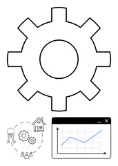 Gear wheel highlighting process management, home purchase icons with keys, house, and chart display growth trend. Ideal for real estate, business, teamwork, strategy, finance planning flat simple