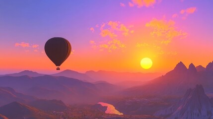 Fototapeta premium Serene Sunset Hot Air Balloon Flight Over Majestic Mountains