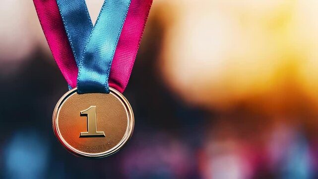 Gold medal with pink and blue ribbon shining in the sunset