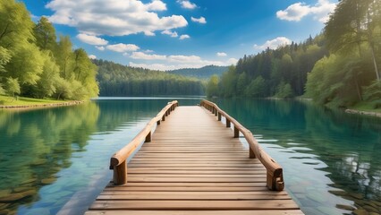 A wooden walkway winds through a lush, green forest beside a tranquil, turquoise lake.