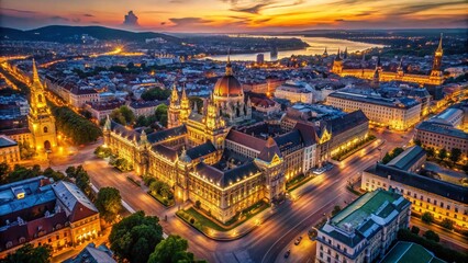 Obraz premium Budapest Dusk: Aerial Macro View of Ferenciek Tere & Illuminated Palaces