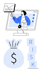Fototapeta premium Person presenting financial data on screen with pointer, chart, money bag, and RISK blocks. Ideal for finance, risk analysis, education, investment, reports planning and abstract line flat metaphor