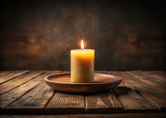 Burning Candle on Plate - Warm, Cozy Atmosphere Stock Photo