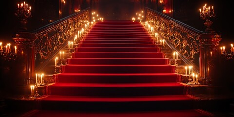 Grand Staircase with Red Carpet and Candlelight in Luxurious Interior