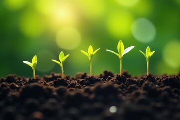Fototapeta premium Six fragile seedlings emerge from rich dark soil, reaching for sunlight , future, agriculture, close-up