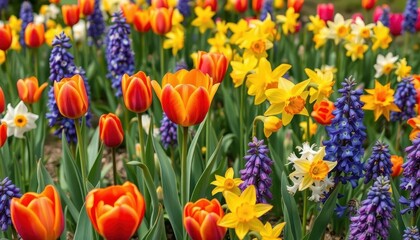Obraz premium Vibrant tulips, daffodils, and hyacinths bloom in a lush spring garden, natural, outdoor