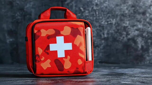Compact red first aid kit with white cross on textured background