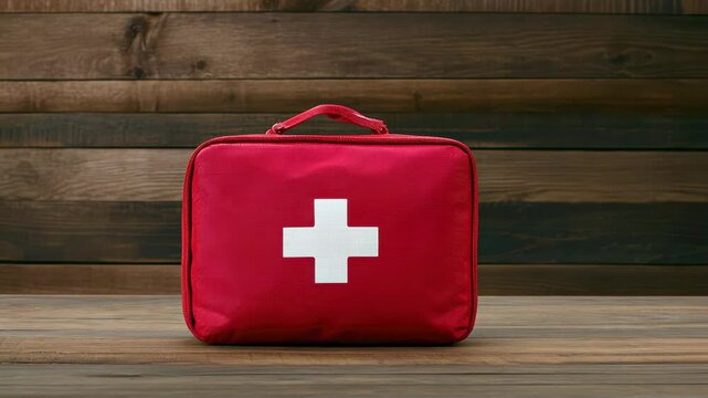 Stylish red first aid kit against a rustic wooden backdrop
