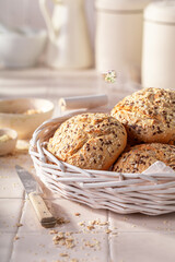 Homemade and healthy wholegrain kaiser buns freshly baked at home.