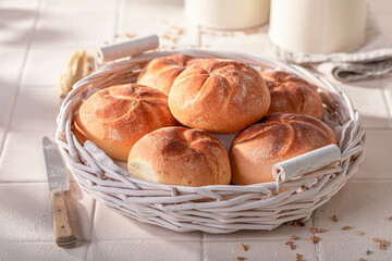 Healthy and tasty golden kaiser rolls for breakfast.