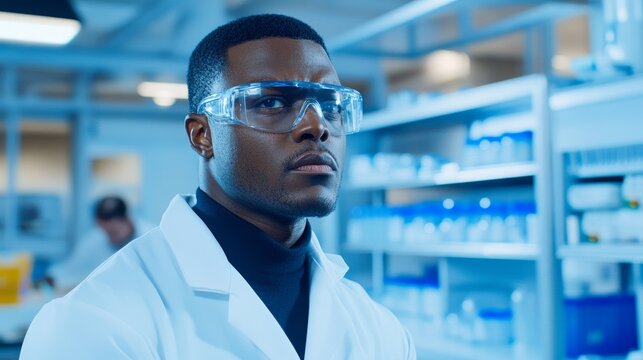 Focused scientist in laboratory setting, analyzing samples with equipment in background