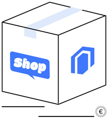 Cardboard box featuring shopping and warehouse icons, emphasizing online retail logistics. Ideal for e-commerce, delivery, packaging, business, marketing campaigns, digital trade supply chain. Flat
