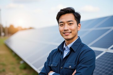 Smiling Asian Male Solar Energy Technician Standing Proudly in Front of Solar Panels During Sunset in a Green Field, Showcasing Renewable Energy Solutions
