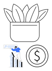 Minimal plant pot with leaves symbolizing growth, man climbing bar chart holding search bar, dollar circle icon. Ideal for growth, finance, progress, opportunities, investment, business flat simple