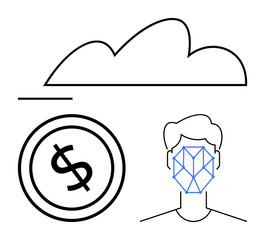 Cloud, dollar coin, and facial recognition outline represent modern digital security. Ideal for finance, technology, biometrics, cloud storage, cybersecurity, innovation and digital transformation