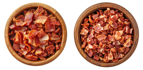 Crispy Bacon Bits in Round Wooden Bowl on Transparent Background, Savory Topping for Salads and Cooking