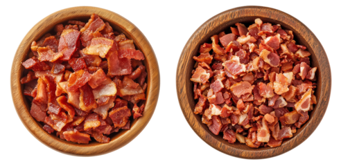 Crispy Bacon Bits in Round Wooden Bowl on Transparent Background, Savory Topping for Salads and Cooking
