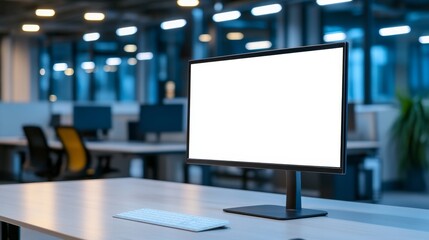 Modern office workspace featuring a blank monitor on a desk with a keyboard in a dimly lit environment
