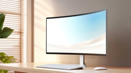 Fototapeta premium Modern curved monitor on a wooden desk with soft natural light and minimalistic decor