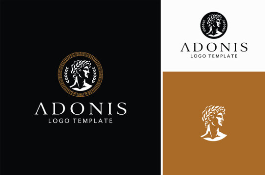 Handsome Adonis Mythical God with circular Greek key pattern fret meander frame border classic logo design