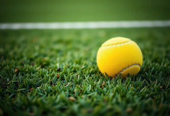 Soft focus yellow tennis ball on green grass court,  blurred background, equipment