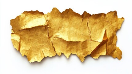 Crumpled golden foil paper with rough edges on clean white background. Ideal for luxury, wealth, or creative design and vintage themed projects.
