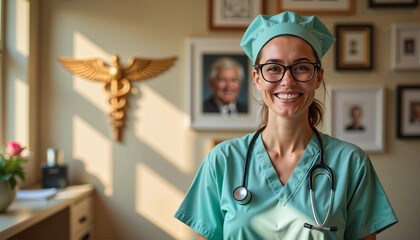 Smiling nurse celebrating International Nurses Day in a clinic  