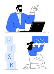Man points while working on a laptop blocks spell RISK. Woman struggles with a coding issue. Ideal for leadership, teamwork, problem-solving, risk-taking, coding, strategy, abstract line flat