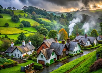 Obraz premium Charming Cottages, Rainy Day Village Loop Animation - Cozy Rural Scene Stock Footage
