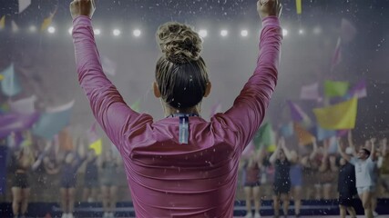 Celebrating victory at a sports event with raised arms