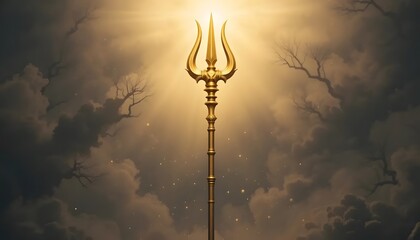 Golden Trident Rises Among Clouds with Magical Light and Tree Silhouettes