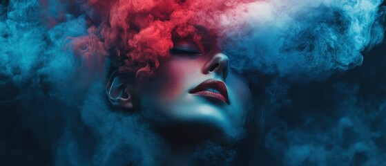 Woman immersed in colorful red and blue smoke with serene expression.