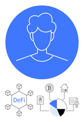 Outlined user icon above decentralized finance network, blockchain diagram, cryptocurrency, pie chart, house property and document. Ideal for fintech, blockchain, investment, crypto finance