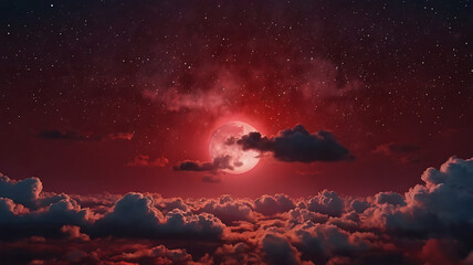Mystical Moon and Captivating Stars in Serene Night Sky | Vibrant Celestial Cloudscapes and Red Landscape Photography