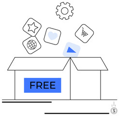 Open box labeled Free releasing diverse app icons including heart, globe, gear, and more. Ideal for technology, accessibility, innovation, gifting creativity business education. Flat simple