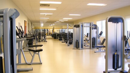 Fototapeta premium Spacious gym interior featuring various workout machines and equipment under bright lighting