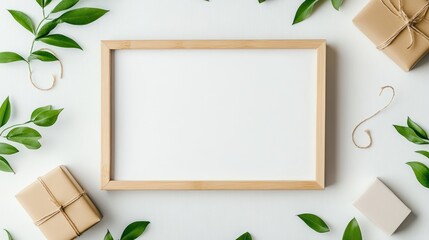 Wooden Frame Mockup with Greenery and Gifts