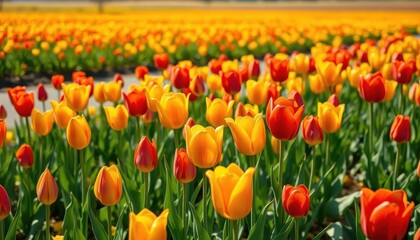 Obraz premium Vibrant tulips blooming in a vast field, sunlit petals, spring flowers, flora