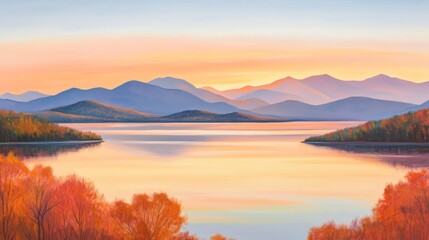 Naklejka premium Serene Autumn Sunset Over Tranquil Lake Surrounded by Colorful Mountains and Trees