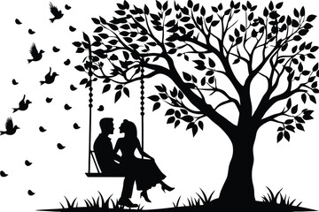 Silhouette of a couple sitting on a swing under a tree
