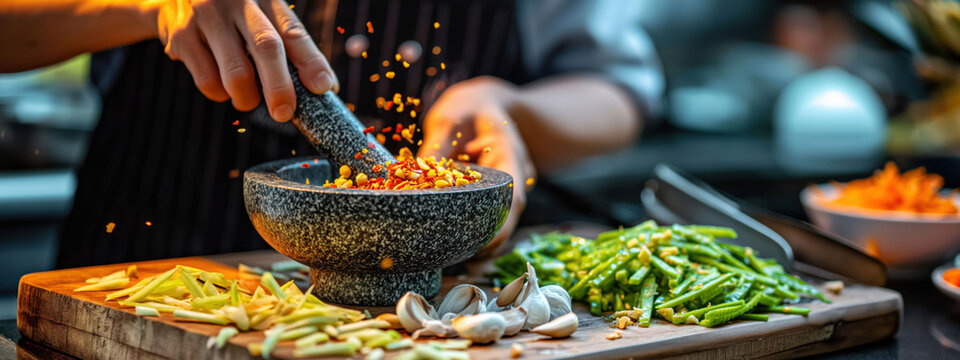 A chef crushes garlic and chili with a mortar and pestle while preparing a Thai papaya salad. Fresh green papaya is julienned on a cutting board in a warm and inviting kitchen atmosphere