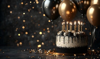 Freshly baked cake with lit candles and elegant balloons creating a festive atmosphere for a birthday celebration