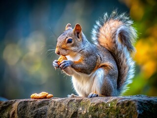 Fototapeta premium Close-up of Adorable Squirrel Enjoying Peanut on Stone - High-Resolution Stock Photo