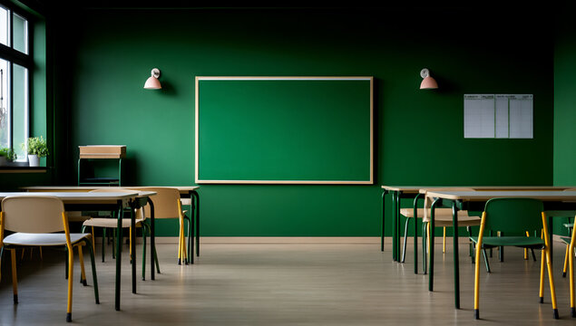 photo of an empty classroom with a green chalkboard and desks,