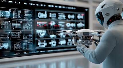 Futuristic robot operator controls drone in a modern, high-tech control room with a large display showing complex data visualizations.