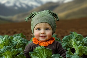 Happy toddler in a green beanie sitting among fresh cabbages in a field, showcasing a joyful expression and vibrant colors in a natural setting