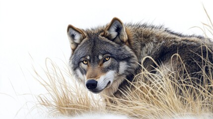 Obraz premium Wild Canine in Snowy Landscape A Detailed Illustration of a Furry Predator Amidst Winter Grass