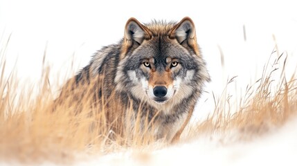 Fototapeta premium Wild Predator in Winter Wonderland A Fierce Canine Amidst Snowy Plains and Golden Grasses